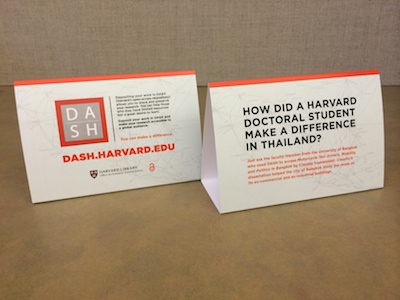 Table tents with DASH user stories on display 